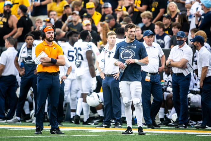 Penn State quarterback Sean Clifford was injured Saturday against Iowa and did not play in the second half. (Joseph Cress/Iowa City Press-Citizen)